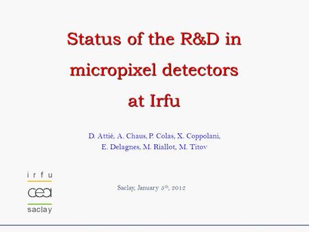 D. Attié, A. Chaus, P. Colas, X. Coppolani, E. Delagnes, M. Riallot, M. Titov Saclay, January 5 th, 2012 Status of the R&D in micropixel detectors at Irfu.