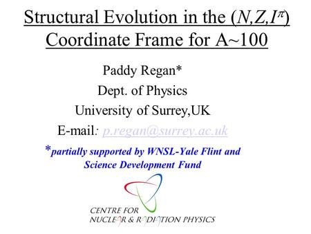 Structural Evolution in the (N,Z,I  ) Coordinate Frame for A~100 Paddy Regan* Dept. of Physics University of Surrey,UK