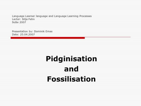 Language Learner language and Language Learning Processes Lector: Silja Fehn SoSe 2007 Presentation by: Dominik Emas Date: 25.04.2007 Pidginisation and.
