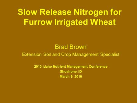 Slow Release Nitrogen for Furrow Irrigated Wheat Brad Brown Extension Soil and Crop Management Specialist 2010 Idaho Nutrient Management Conference Shoshone,
