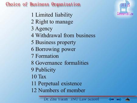 1 Limited liability 2 Right to manage 3 Agency 4 Withdrawal from business 5 Business property 6 Borrowing power 7 Formation 8 Governance formalities 9.