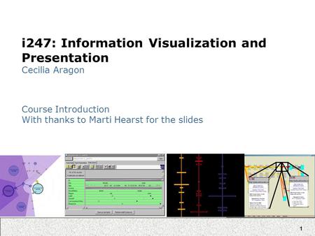 1 i247: Information Visualization and Presentation Cecilia Aragon Course Introduction With thanks to Marti Hearst for the slides.