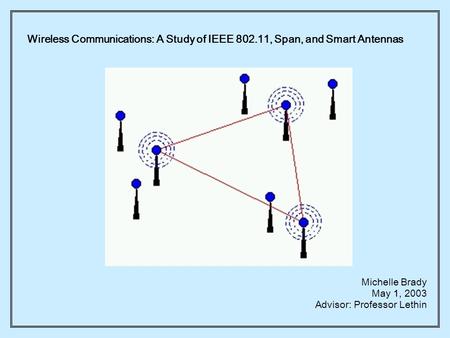 Wireless Communications: A Study of IEEE 802.11, Span, and Smart Antennas Michelle Brady May 1, 2003 Advisor: Professor Lethin.