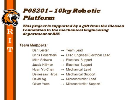 R I T Team Members: Dan Lester → Team Lead Chris Feuerstein → Lead Engineer/Electrical Lead Mike Schwec → Electrical Support Jacob Hillmon → Electrical.
