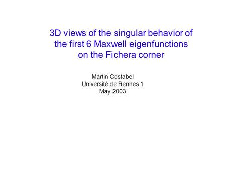 3D views of the singular behavior of the first 6 Maxwell eigenfunctions on the Fichera corner Martin Costabel Université de Rennes 1 May 2003.