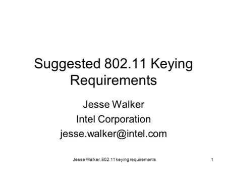 Jesse Walker, 802.11 keying requirements1 Suggested 802.11 Keying Requirements Jesse Walker Intel Corporation