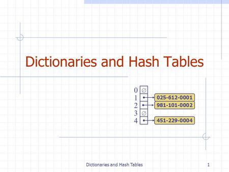 Dictionaries and Hash Tables1   0 1 2 3 4 451-229-0004 981-101-0002 025-612-0001.