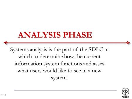 ANALYSIS PHASE Systems analysis is the part of the SDLC in which to determine how the current information system functions and asses what users would like.