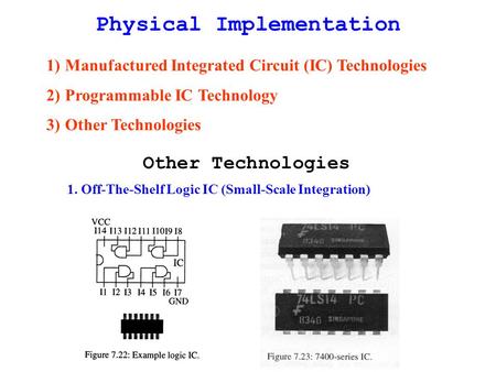 Physical Implementation 1)Manufactured Integrated Circuit (IC) Technologies 2)Programmable IC Technology 3)Other Technologies Other Technologies 1. Off-The-Shelf.