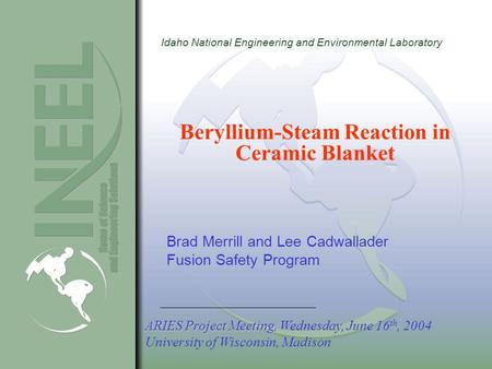 Idaho National Engineering and Environmental Laboratory Beryllium-Steam Reaction in Ceramic Blanket Brad Merrill and Lee Cadwallader Fusion Safety Program.