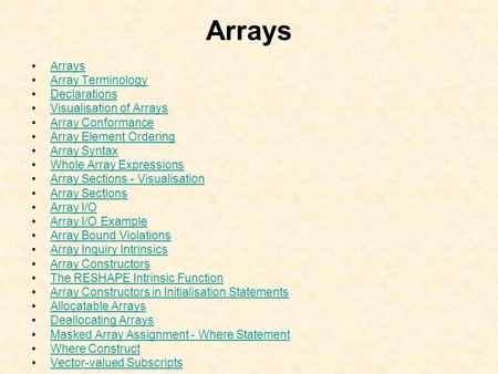 Arrays Array Terminology Declarations Visualisation of Arrays Array Conformance Array Element Ordering Array Syntax Whole Array Expressions Array Sections.