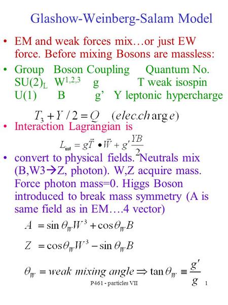 P461 - particles VII1 Glashow-Weinberg-Salam Model EM and weak forces mix…or just EW force. Before mixing Bosons are massless: Group Boson Coupling Quantum.
