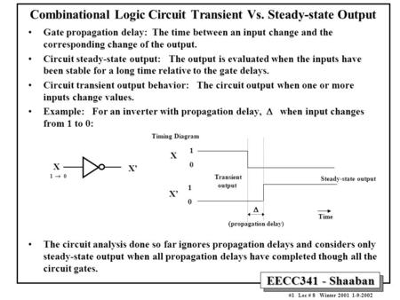 EECC341 - Shaaban #1 Lec # 8 Winter 2001 1-9-2002 Combinational Logic Circuit Transient Vs. Steady-state Output Gate propagation delay: The time between.