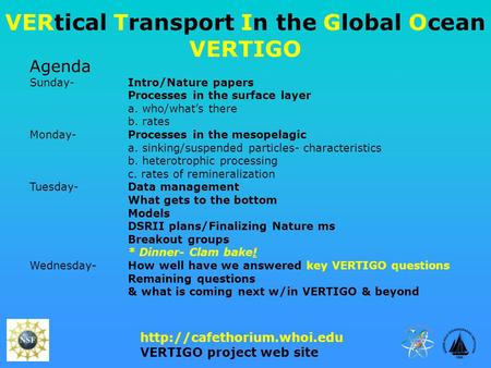 VERtical Transport In the Global Ocean VERTIGO  VERTIGO project web site Agenda Sunday- Intro/Nature papers Processes in the.