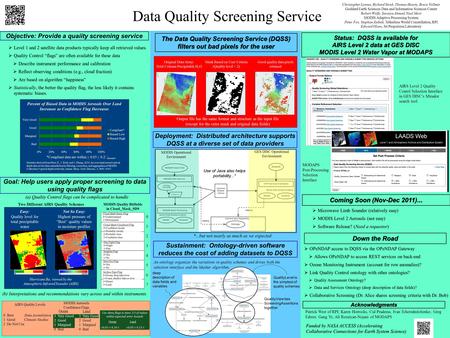 Data Quality Screening Service Christopher Lynnes, Richard Strub, Thomas Hearty, Bruce Vollmer Goddard Earth Sciences Data and Information Sciences Center.