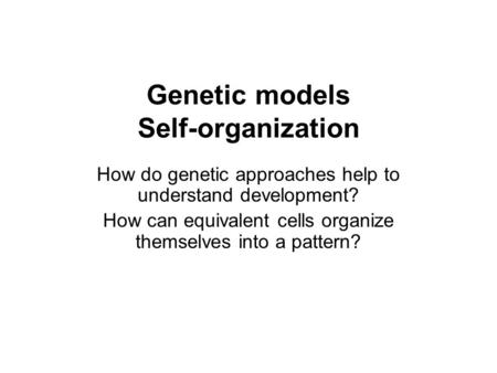Genetic models Self-organization How do genetic approaches help to understand development? How can equivalent cells organize themselves into a pattern?