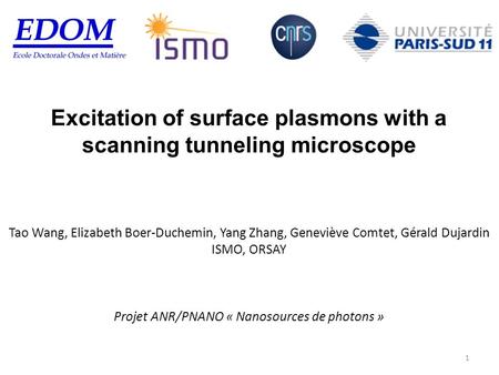 Excitation of surface plasmons with a scanning tunneling microscope Tao Wang, Elizabeth Boer-Duchemin, Yang Zhang, Geneviève Comtet, Gérald Dujardin ISMO,