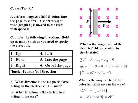 1. Up4. Left 2. Down5. Into the page 3. Right6. Out of the page (back of card) No Direction ConcepTest #17: A uniform magnetic field B points into the.