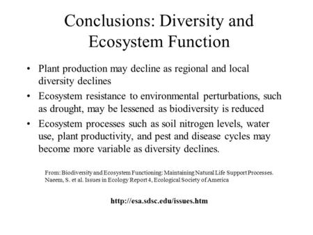 Conclusions: Diversity and Ecosystem Function