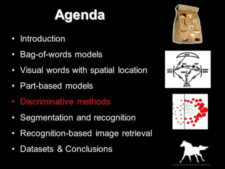 Agenda Introduction Bag-of-words models Visual words with spatial location Part-based models Discriminative methods Segmentation and recognition Recognition-based.