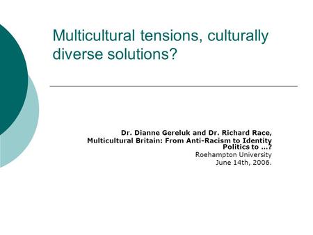 Multicultural tensions, culturally diverse solutions? Dr. Dianne Gereluk and Dr. Richard Race, Multicultural Britain: From Anti-Racism to Identity Politics.