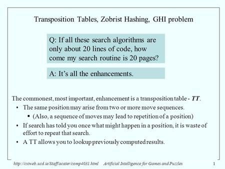 Intelligence for Games and Puzzles1 Transposition Tables, Zobrist Hashing, GHI problem The commonest,