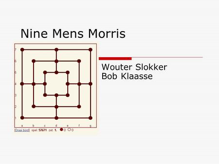 Nine Mens Morris Wouter Slokker Bob Klaasse. Fases of the game  1st fase: Placing the pieces - Each player should place 9 pieces in turns.  2nd fase: