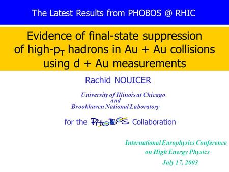 Rachid Nouicer1 The Latest Results from RHIC Rachid NOUICER University of Illinois at Chicago and Brookhaven National Laboratory for the Collaboration.