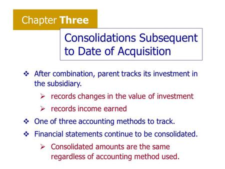 Chapter Three Consolidations Subsequent to Date of Acquisition vAfter combination, parent tracks its investment in the subsidiary.  records changes in.
