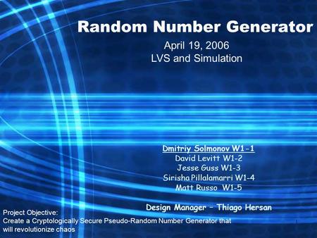 1 Random Number Generator Dmitriy Solmonov W1-1 David Levitt W1-2 Jesse Guss W1-3 Sirisha Pillalamarri W1-4 Matt Russo W1-5 Design Manager – Thiago Hersan.
