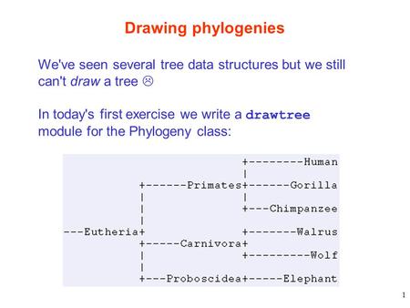 1 Drawing phylogenies We've seen several tree data structures but we still can't draw a tree  In today's first exercise we write a drawtree module for.