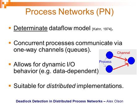 Deadlock Detection in Distributed Process Networks – Alex Olson Process Networks (PN)  Determinate dataflow model [Kahn, 1974].  Concurrent processes.