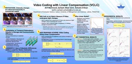 Video Coding with Linear Compensation (VCLC) Arif Mahmood, Zartash Afzal Uzmi, Sohaib A Khan Department of Computer.