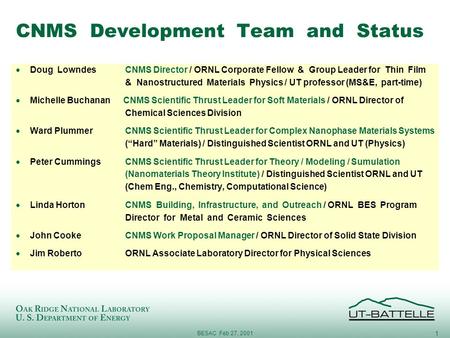1 BESAC Feb 27, 2001 CNMS Development Team and Status  Doug Lowndes CNMS Director / ORNL Corporate Fellow & Group Leader for Thin Film & Nanostructured.