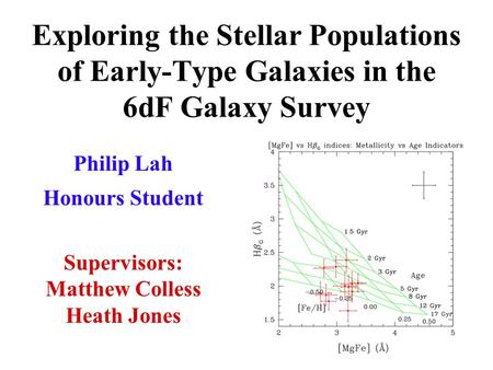 Exploring the Stellar Populations of Early-Type Galaxies in the 6dF Galaxy Survey Philip Lah Honours Student h Supervisors: Matthew Colless Heath Jones.