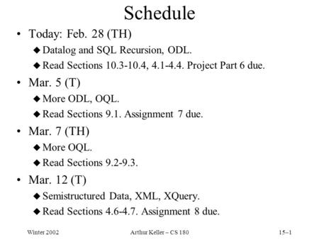 Winter 2002Arthur Keller – CS 18015–1 Schedule Today: Feb. 28 (TH) u Datalog and SQL Recursion, ODL. u Read Sections 10.3-10.4, 4.1-4.4. Project Part 6.