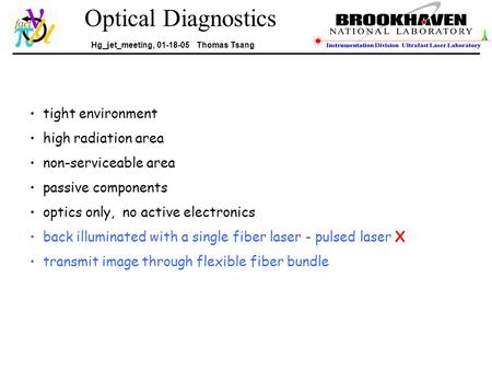 Optical Diagnostics Hg_jet_meeting, 01-18-05 Thomas Tsang tight environment high radiation area non-serviceable area passive components optics only, no.