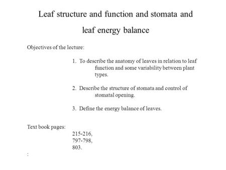 Leaf structure and function and stomata and leaf energy balance