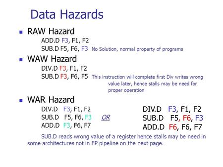 Data Hazards RAW Hazard ADD.D F3, F1, F2 SUB.D F5, F6, F3 No Solution, normal property of programs WAW Hazard DIV.D F3, F1, F2 SUB.D F3, F6, F5 This instruction.