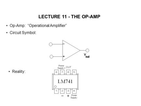 LECTURE 11 - THE OP-AMP Op-Amp: “Operational Amplifier” Circuit Symbol: Reality: