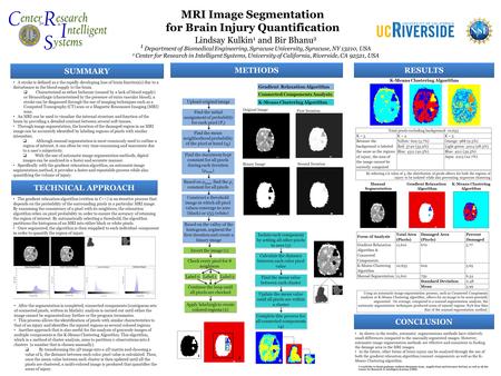 MRI Image Segmentation for Brain Injury Quantification Lindsay Kulkin 1 and Bir Bhanu 2 1 Department of Biomedical Engineering, Syracuse University, Syracuse,