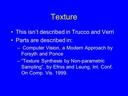 Texture This isn’t described in Trucco and Verri Parts are described in: – Computer Vision, a Modern Approach by Forsyth and Ponce –“Texture Synthesis.