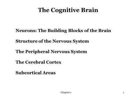 Chapter 11 The Cognitive Brain Neurons: The Building Blocks of the Brain Structure of the Nervous System The Peripheral Nervous System The Cerebral Cortex.