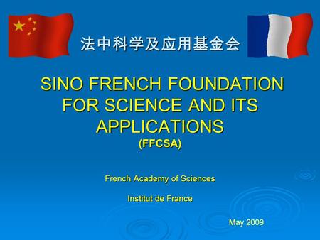 法中科学及应用基金会 SINO FRENCH FOUNDATION FOR SCIENCE AND ITS APPLICATIONS (FFCSA) French Academy of Sciences Institut de France May 2009.