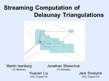 Streaming Computation of Delaunay Triangulations Jack Snoeyink UNC Chapel Hill Jonathan Shewchuk UC Berkeley Yuanxin Liu UNC Chapel Hill Martin Isenburg.