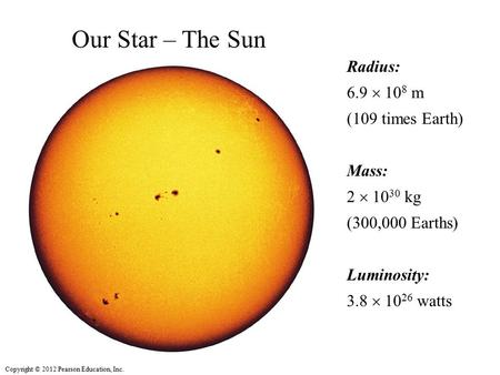 Copyright © 2012 Pearson Education, Inc. Radius: 6.9  10 8 m (109 times Earth) Mass: 2  10 30 kg (300,000 Earths) Luminosity: 3.8  10 26 watts Our Star.