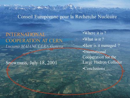 Conseil Europèenne pour la Recherche Nucléaire Where it is ? What is it ? How is it managed ? International Cooperation for the Large Hadron Collider Conclusions.