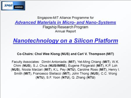 1 Singapore-MIT Alliance Programme for Advanced Materials in Micro- and Nano-Systems Flagship Research Program Annual Report Nanotechnology on a Silicon.