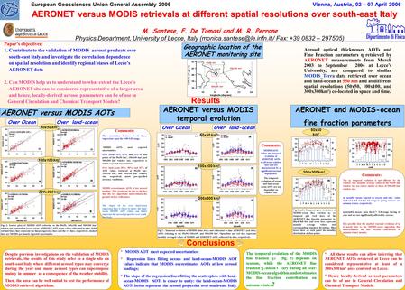 European Geosciences Union General Assembly 2006 Vienna, Austria, 02 – 07 April 2006 Paper’s objectives: 1. Contribute to the validation of MODIS aerosol.