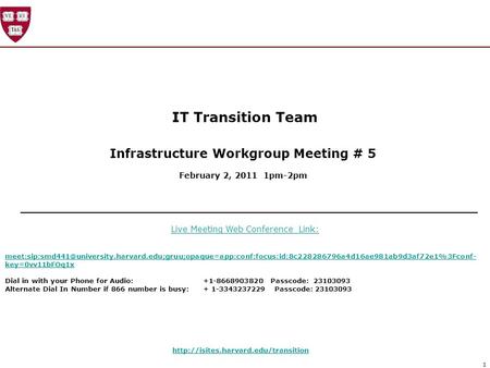 1 IT Transition Team Infrastructure Workgroup Meeting # 5 February 2, 2011 1pm-2pm  Live Meeting Web Conference Link:
